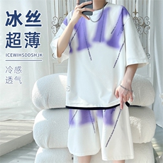 2025夏季新款旋律风车大码冰丝印花短袖套装M-5XHQ24545-P70，男装休闲套装，电商A022
