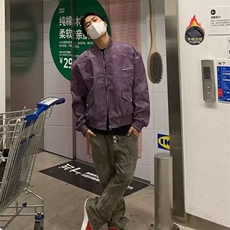 美式复古PU皮夹克男春秋季紫色解构工装外套短款机车夹棉棒球服，男装夹克，星座715-4