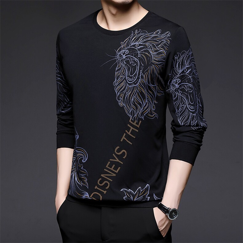 圆领长袖t恤男春秋季男士卫衣2023新款中年商务休闲印花薄体恤潮,男装卫衣,电商B212（原钱塘6029）