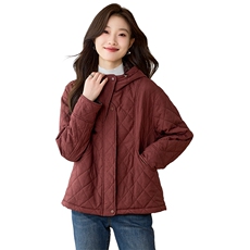 现货2024冬季新款菱格百搭休闲连帽夹棉棉衣外套，女装棉衣/棉服，深水步