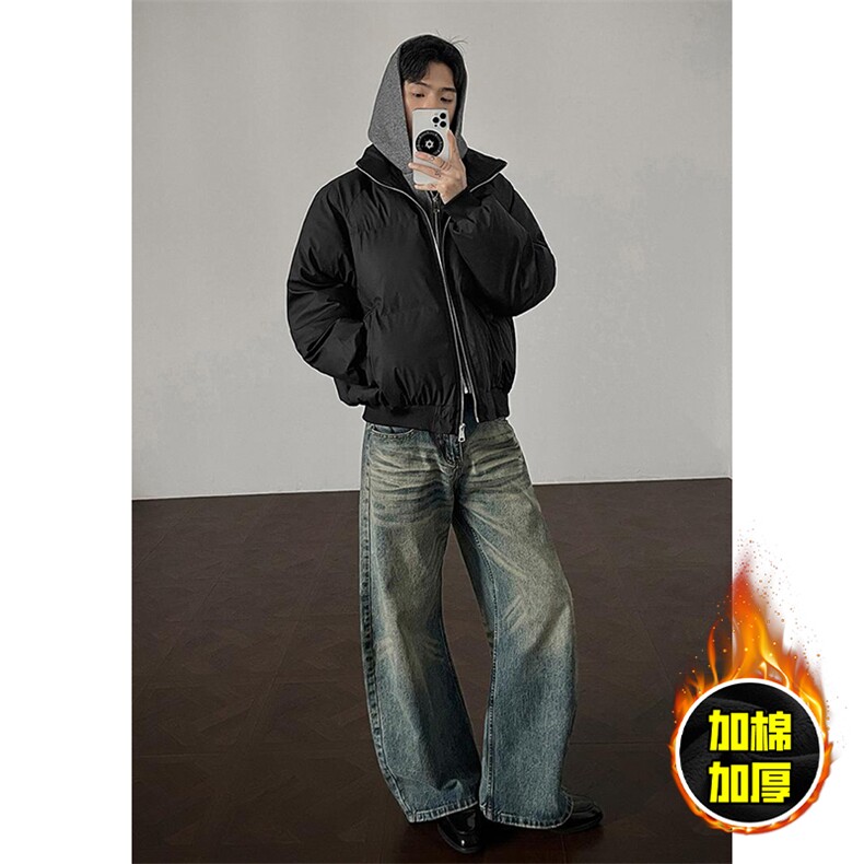 现货高品质重磅工艺美式高街假两件PU皮棉衣男女加厚棉服外套,男装棉衣,电商A443