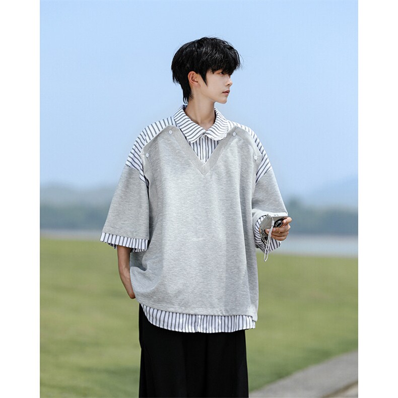 学院衬衫领t恤设计解构假两件短袖条纹拼接七分袖POLO衫DT009P50，男装Polo衫，电商B312