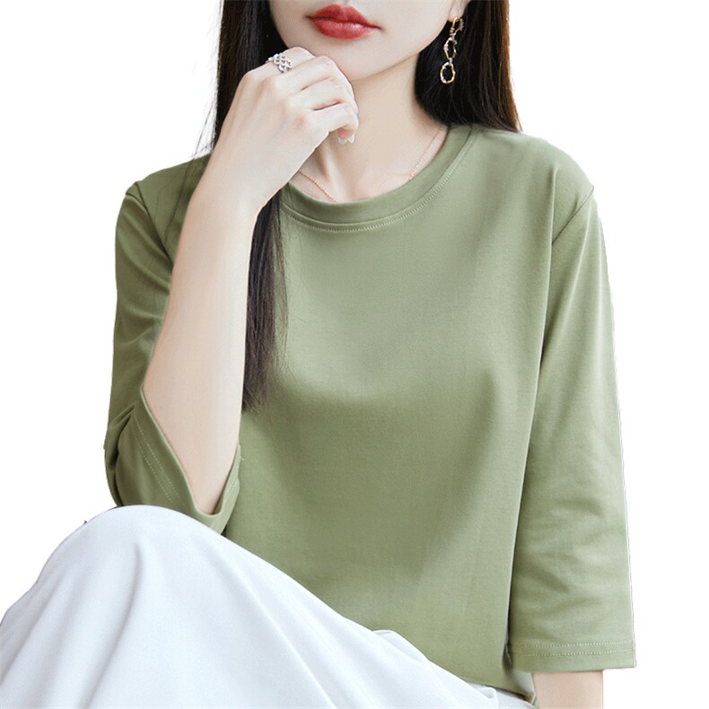 夏季新款七分袖女圆领纯棉t恤宽松百搭薄款内搭半袖打底衫上衣,女装T恤,羊秋羊绒