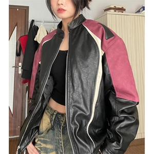 春秋拼色皮衣外套男立领美式复古休闲机车设计感夹克 JK10图片