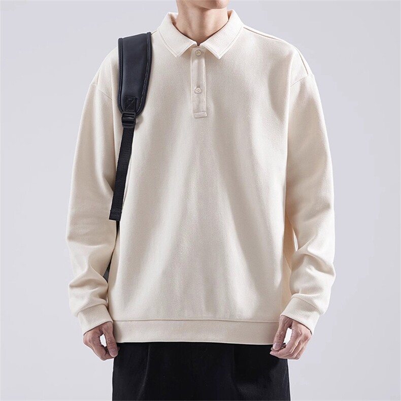 抖音得物高品质二开230克精梳珠地光版纯色宽松长袖T恤翻领POLO衫,男装T恤,电商A486