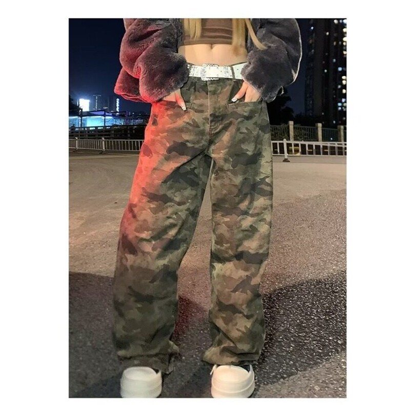 2024美式复古迷彩阔腿工装裤男女情侣宽松简约高街直筒长裤,男装牛仔裤,星座506A