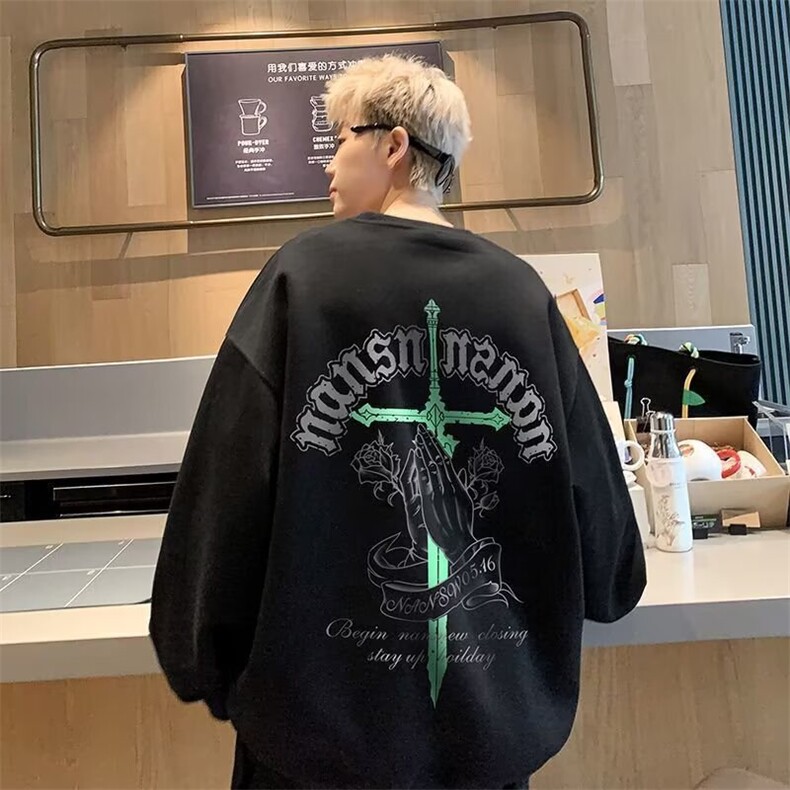 350g潮牌圆领宽松情侣长袖打底衫上衣服束口T恤卫衣5064-P38网图，女装T恤，电商B245