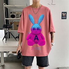 21夏季新款宽松大码港风oversize毛绒兔运动短袖纯棉T恤T1907-P28图片