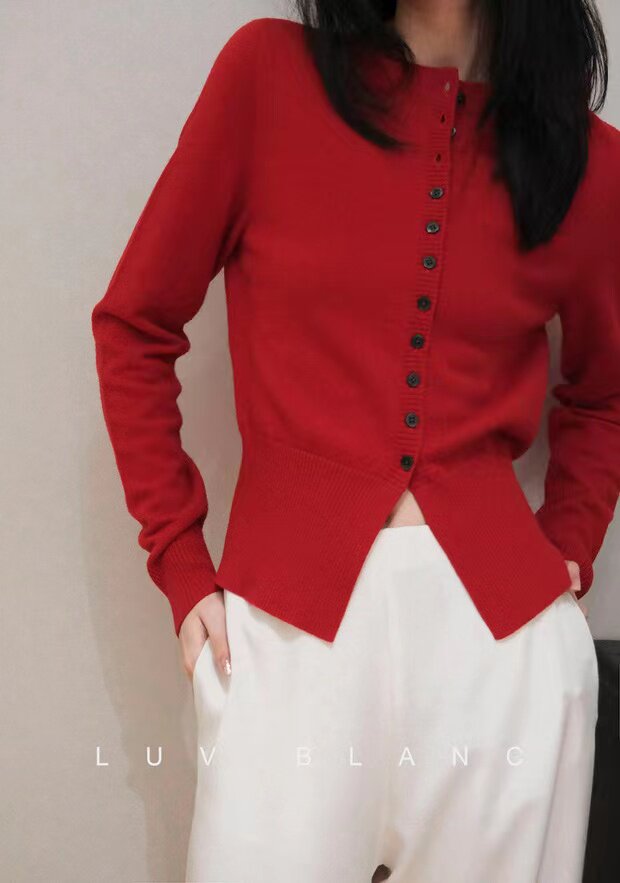 洋气百搭圆领系扣针织开衫女春秋宽松显瘦收腰外套短款羊毛衫,针织衫/毛衣,雪真羊绒