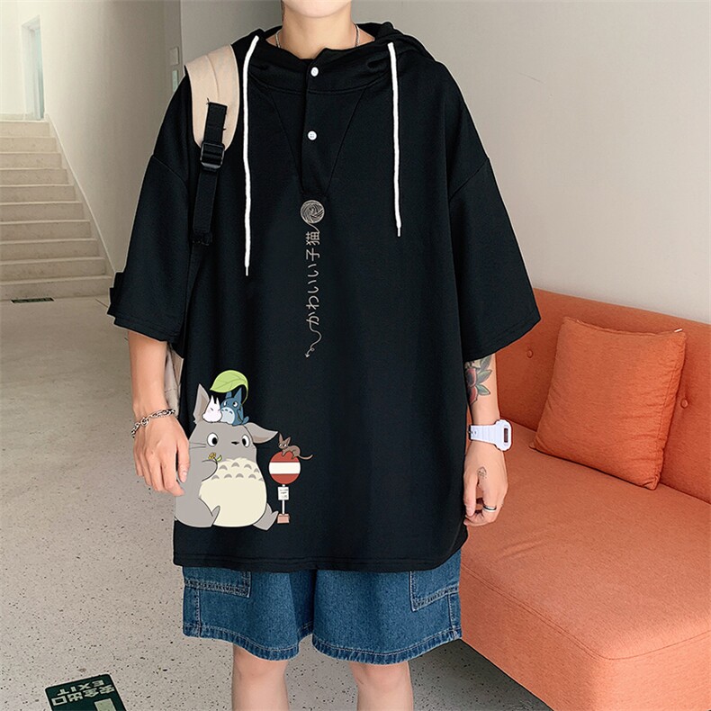 LD54152-P45 连帽短袖t恤男大码胖子带帽五分袖中袖图片