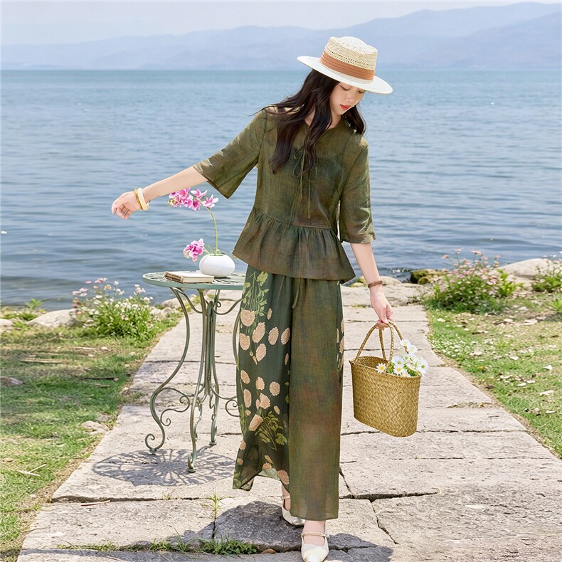 时尚苎麻印花拼接阔腿裤扎染宽松上衣复古风套装女,女装套装/套裙,水衣源