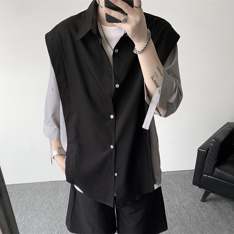 抗皱冰丝假两件拼接衬衫修身短裤套装商务百搭时尚套装显瘦特P68,男装休闲套装,电商B319