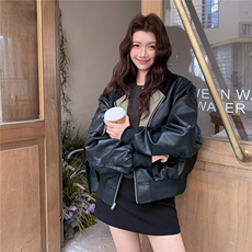 pu皮两面穿连帽皮衣休闲夹克外套女秋季新款2C353+703#P165K248，女装皮衣，2C353