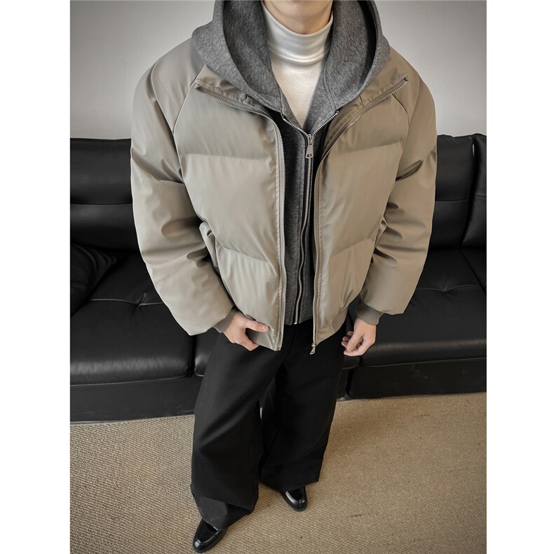 美式假两件pu皮短款棉服男款冬季加厚工装棉袄连帽外套特P85,男装皮衣,电商C306-1