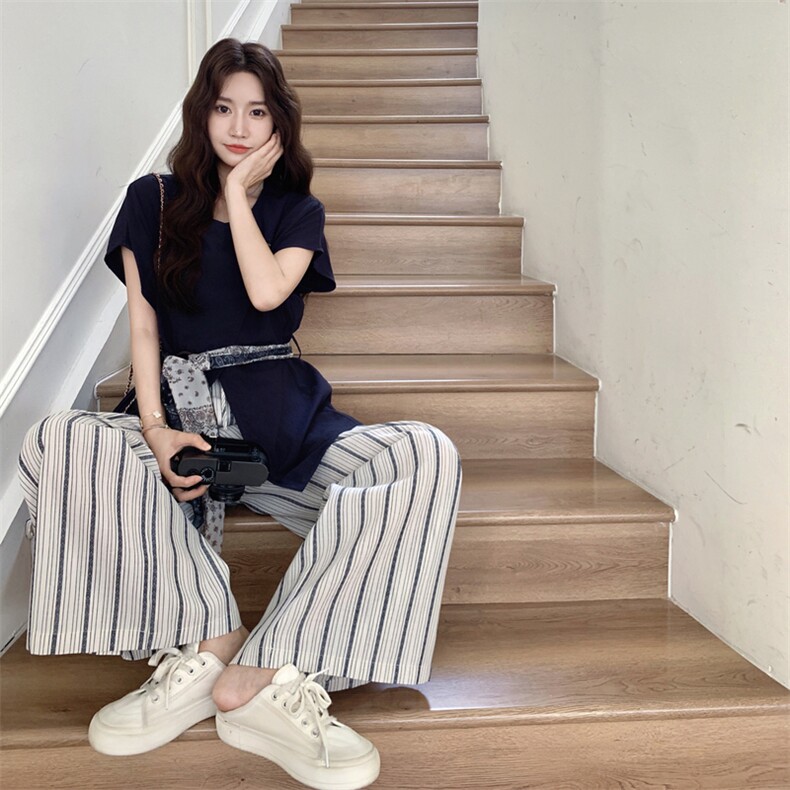 藏青色衬衫条纹阔腿裤套装女夏2025新款巨好看流行爆款两件套ootd,女装套装/套裙,2C258