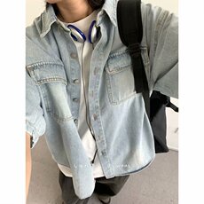 夏日系水洗做旧短袖牛仔衬衫复古潮牌翻领工装衬衣外套XCS48，男装T恤，星座208-5