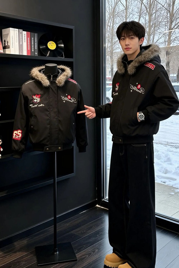 网图工装派克棉服可拆卸毛领连帽座山雕夹克棉衣A025-KY1819-P80,男装夹克,电商A025