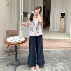 温柔系穿搭显瘦刺绣印花马甲套装女夏新款藏青色休闲阔腿裤两件套，女装套装/套裙，2C022
