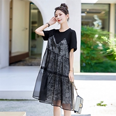 网纱印花连衣裙2024夏季新款气质高级感欧根纱显瘦假两件宽松裙子，女装连衣裙，盈茜