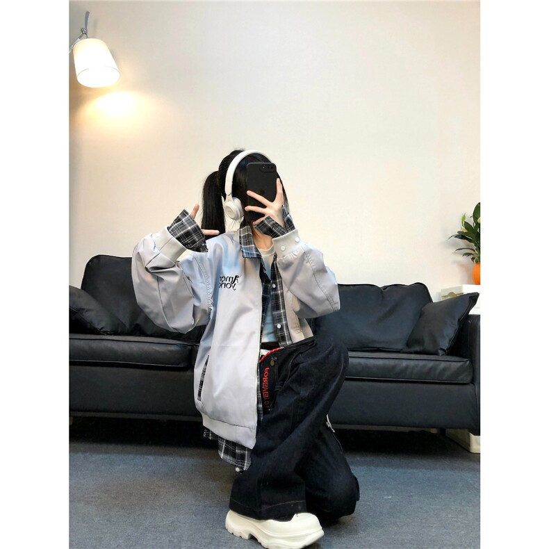 美式复古假两件衬衫格子夹克外套男女休闲宽松上衣秋季L36233-p69,男装夹克,星座1008