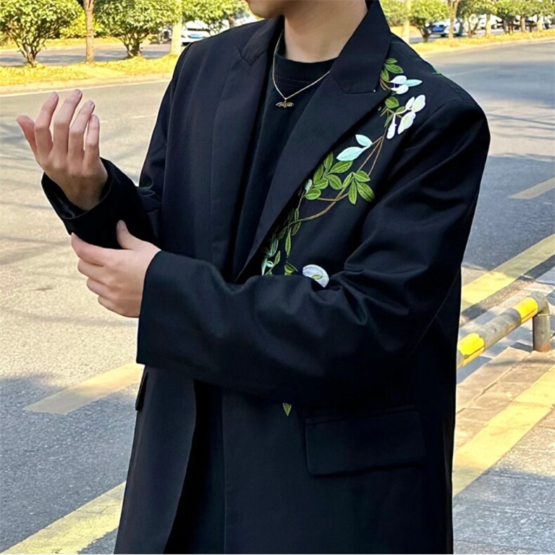 新中式重工刺绣玉兰花中山装西服外套男复古痞帅高级感西服-XY322,男装西服,星座601-1