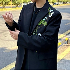新中式重工刺绣玉兰花中山装西服外套男复古痞帅高级感西服-XY322，男装西服，星座601-1