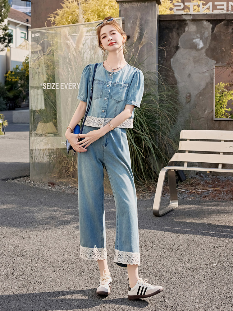 小香风气质短袖牛仔套装女2025夏季减龄一整套蕾丝拼接休闲两件套,女装套装/套裙,意芙