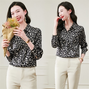 时尚重磅真丝衬衫女士长袖印花春装气质缎面丝绸真丝上衣女衬衣图片