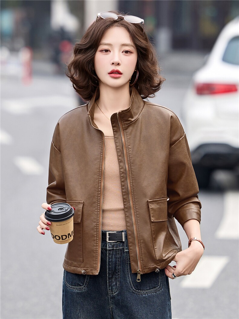 2026年春季新款现货潮流皮衣休闲外套气质时尚立领女装,女装皮衣,臻衣坊