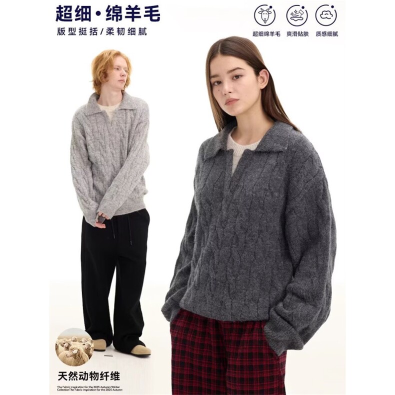 冬季韩系复古加厚假两件polo领针织衫宽松保暖休闲男女毛衣,男装针织衫/毛衣,星座410-7