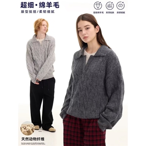 冬季韩系复古加厚假两件polo领针织衫宽松保暖休闲男女毛衣