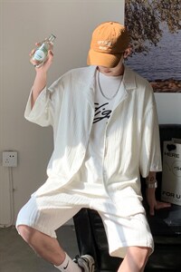 TZ65759/P75高品质冰丝短袖衬衫短裤套装男潮宽松大码两件套控108图片