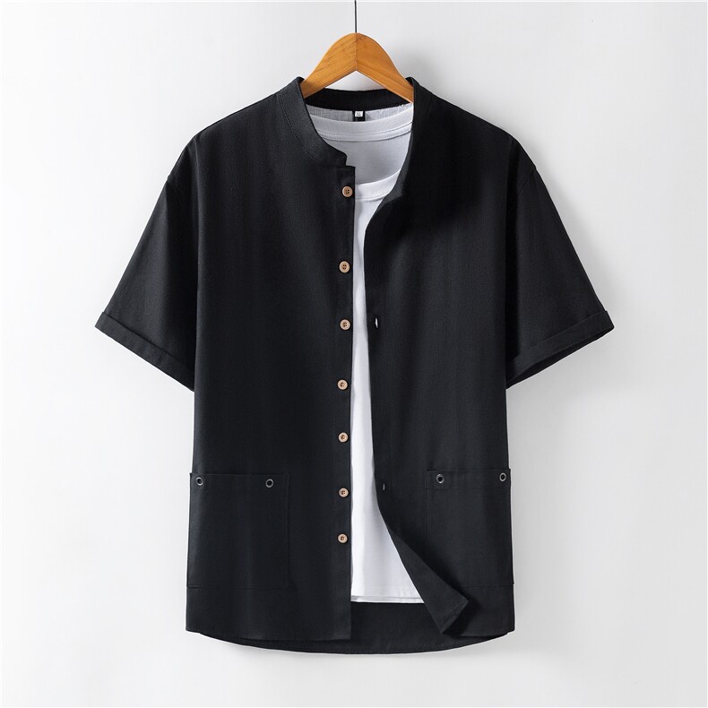 2025男士夏季短袖棉麻衬衣立领男休闲衬衫C05-P22，男装T恤，星座1502-1