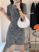 香丽迪2022年夏季新款拼接连衣裙女针织短袖圆领修身高腰，女装连衣裙，香丽迪1