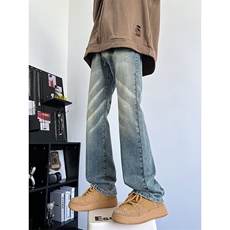 复古美式蓝色扎染牛仔裤男女潮牌宽松直筒休闲高街hiphop微喇长裤，男装牛仔裤，星座410-7