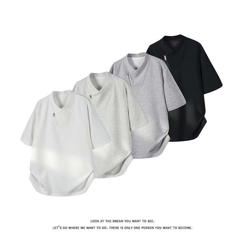 美式复古重磅短袖T恤男立领拉链宽松型休闲百搭上衣T3718-特价P26，男装T恤，电商A007