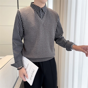 轻熟风~秋冬季假两件衬衫领毛衣男针织打底衫潮流修身衣服M01-P85图片