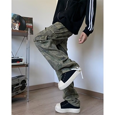 高街vibe风迷彩工装牛仔裤男士痞帅春秋季新款宽松直筒阔腿休闲裤，男装休闲裤，星座410-7