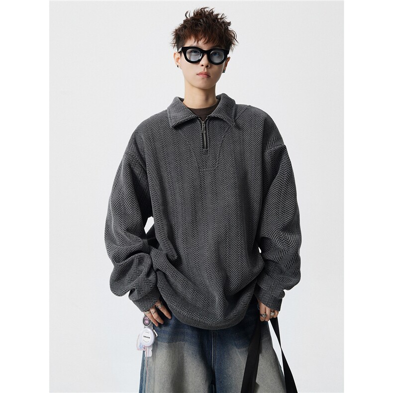 雪尼尔满天星半拉链翻领卫衣大码高级Polo衫外套LW610特P50加绒60,男装Polo衫,电商B215