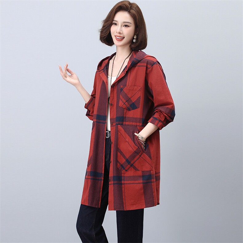 格子衬衫外套女春秋2024新款中长款连帽休闲风衣,女装衬衫,忆绮罗