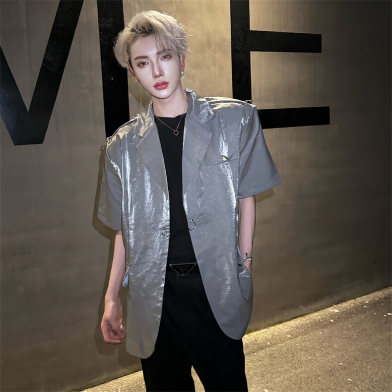 (自家图）高级液态缎面银色垫肩西装小众金属铆钉西服2318-P88,男装西服套装,星座910-5