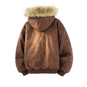 现货 扎染PU皮棉服男冬季加厚连帽棉衣座山雕大毛领外套M090-P120图片