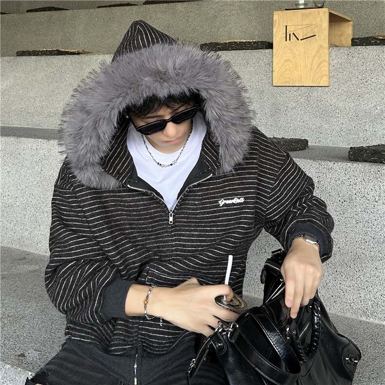 美式条纹毛领连帽外套男女秋季新款宽松卫衣情侣衫外套jk901-p78,女装短外套,电商C307