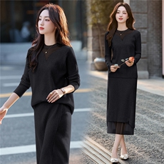 【现货】2025年秋季新款拼接网纱毛衣半身裙气质显瘦套装，女装套装/套裙，辉煌依升