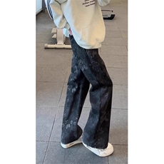 美式高街黑色印花牛仔裤男潮牌痞帅炸街裤子KS6031常规P44加绒P52，男装牛仔裤，四季星座505