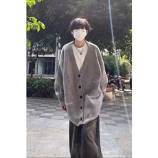 灰色针织开衫外套男生高级感慵懒风毛衣oversize少年感穿搭秋冬季，男装针织衫/毛衣，星座603-2
