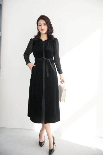 【现货】秋季新款时尚修身显瘦系腰带中长款丝绒连衣裙，女装连衣裙，名怡