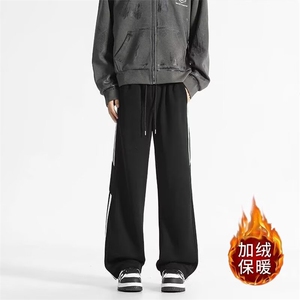 美式高街垂感卫裤男款秋冬季潮牌加绒宽松直筒阔腿运动休闲长裤子图片