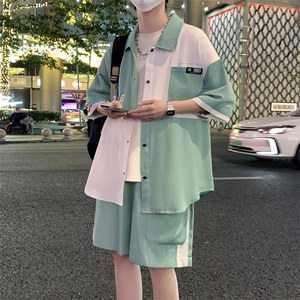 港风夏潮流印花拼接开衫宽松短袖衬衣短裤帅气套装 A436-D217-P60图片