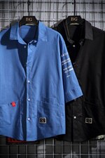 2021夏季新日系大码男网格挂拍印花绣标宽松七分袖衬衫C553-P40，男装衬衫，电商A001